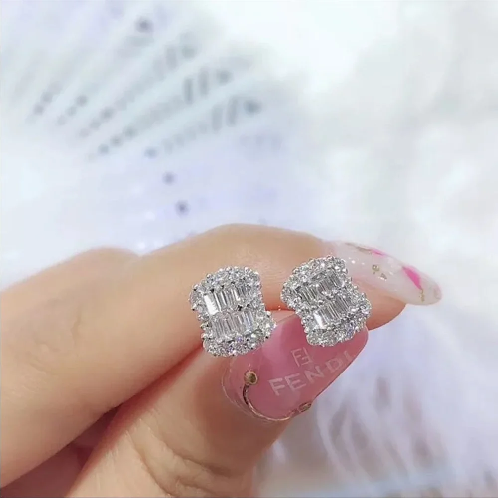 New Baguette 925 Silver Stud Earrings Party Wedding For Women Statement